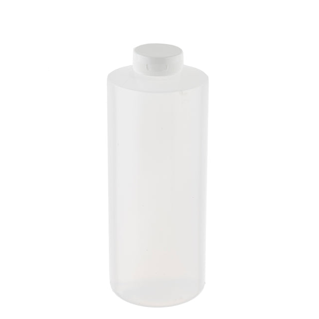 A plain, translucent 32 oz squeeze bottle with a white screw-on cap. The cylindrical bottle has smooth sides, no labels or markings, and stands upright on a white background. It is durable and dishwasher safe for easy cleaning.