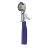 A stainless steel disher with a round scooping head and trigger-style release, featuring a long, textured, dark blue plastic handle. The NSF-rated scoop stands upright with the handle at the bottom—perfect for cash & carry use.