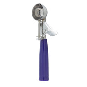 A stainless steel disher with a round scooping head and trigger-style release, featuring a long, textured, dark blue plastic handle. The NSF-rated scoop stands upright with the handle at the bottom—perfect for cash & carry use.