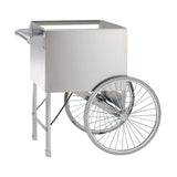 A cart with a stainless steel exterior features a rectangular open-top box, two large spoke wheels on one side, plus short legs and a handle on the other, designed for easy mobility and ideal for vending or transporting goods.