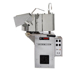 A commercial popcorn popper with a stainless steel build, large kettle, lid propped open, control panel with switches and buttons, ventilation grill at the base, and the Gold Medal logo on the front.