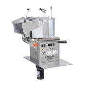 A commercial electric popcorn machine with Big Eye Electronic Heat Control, featuring a large kettle, control panel, levers, and chute for dispensing popcorn. The modern design includes labeled switches, indicator lights, and a small motor underneath.