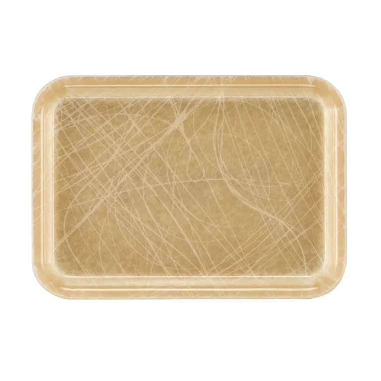 A rectangular beige Camtray made from high-impact fiberglass, with rounded corners and numerous white scratch marks showing heavy use. The edges are slightly raised, the tray is dishwasher safe, and it features a glossy finish.