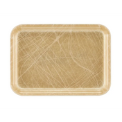 A rectangular beige Camtray made from high-impact fiberglass, with rounded corners and numerous white scratch marks showing heavy use. The edges are slightly raised, the tray is dishwasher safe, and it features a glossy finish.