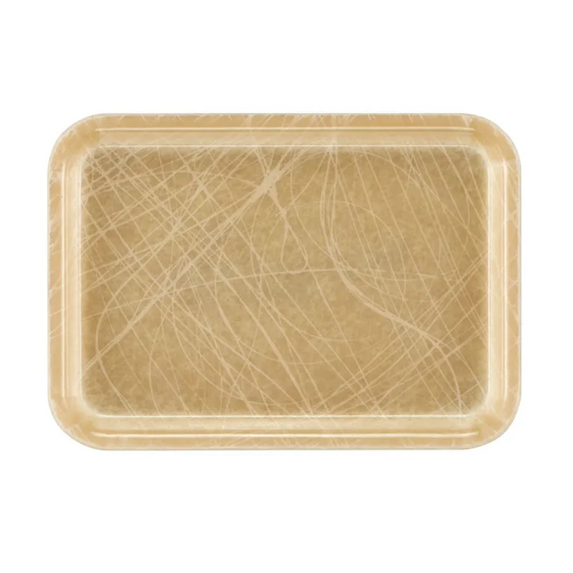 A rectangular beige Camtray made from high-impact fiberglass, with rounded corners and numerous white scratch marks showing heavy use. The edges are slightly raised, the tray is dishwasher safe, and it features a glossy finish.