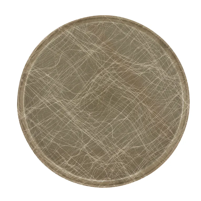 A round fiberglass tray in muted beige tones, featuring a pattern of intersecting, thin, white and light tan curved lines that resemble scratches or scribbles. This NSF Serving Camtray has a slight raised edge and a smooth, matte finish.
