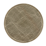 A round fiberglass tray in muted beige tones, featuring a pattern of intersecting, thin, white and light tan curved lines that resemble scratches or scribbles. This NSF Serving Camtray has a slight raised edge and a smooth, matte finish.