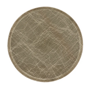 A round fiberglass tray in muted beige tones, featuring a pattern of intersecting, thin, white and light tan curved lines that resemble scratches or scribbles. This NSF Serving Camtray has a slight raised edge and a smooth, matte finish.