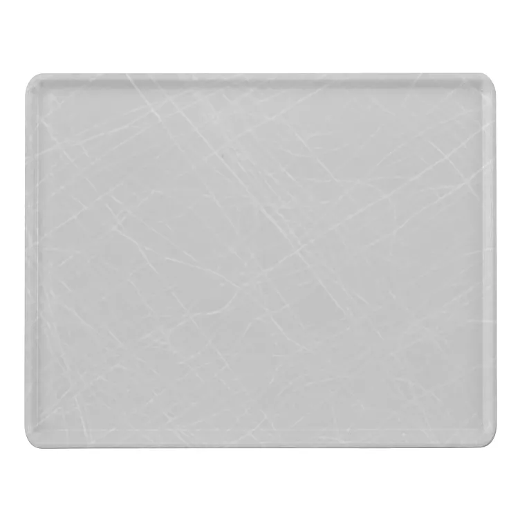 A rectangular, light gray Camtray with raised edges made from durable fiberglass. The surface has many visible scratch marks crisscrossing in various directions, reflecting its well-used appearance. Dishwasher safe. The background is plain white.