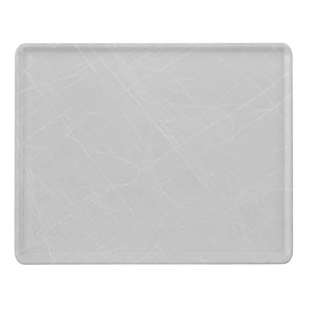 A rectangular, light gray Camtray with raised edges made from durable fiberglass. The surface has many visible scratch marks crisscrossing in various directions, reflecting its well-used appearance. Dishwasher safe. The background is plain white.