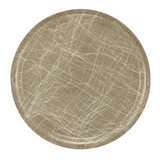 A round taupe-colored Serving Camtray with a matte finish, decorated with an abstract pattern of intersecting, thin white lines creating a web-like effect across the entire surface. This NSF-approved fiberglass tray is set against a plain white background.
