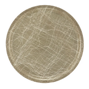 A round fiberglass tray with a matte, light brown surface is covered in numerous intersecting white scratch marks, creating a chaotic, web-like pattern across the entire plate. The Serving Camtray features a slightly raised rim and a textured, worn appearance.