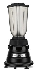 A bar blender with a stainless steel container and black base is shown. The large metal jar has a fitted lid, while simple control settings are on the rounded base. Rubber feet provide stability. The background is plain white, ideal for international use.