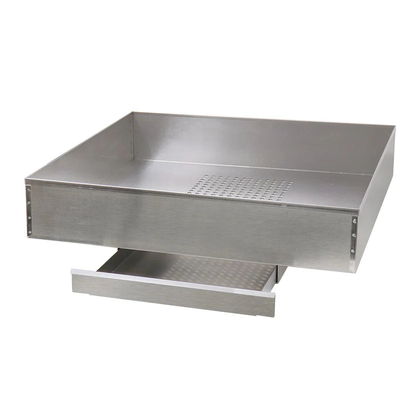 A stainless steel restaurant-style grease trap featuring a rectangular shape, high side walls, and a perforated pan at the base—ideal for popcorn sifting or use as a cooling pan. The pull-out lower tray collects grease, and the surface is smooth and reflective.