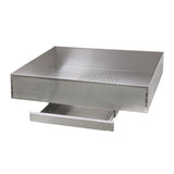 A stainless steel restaurant-style grease trap featuring a rectangular shape, high side walls, and a perforated pan at the base—ideal for popcorn sifting or use as a cooling pan. The pull-out lower tray collects grease, and the surface is smooth and reflective.