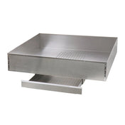 A stainless steel restaurant-style grease trap featuring a rectangular shape, high side walls, and a perforated pan at the base—ideal for popcorn sifting or use as a cooling pan. The pull-out lower tray collects grease, and the surface is smooth and reflective.