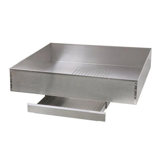 A stainless steel restaurant-style grease trap featuring a rectangular shape, high side walls, and a perforated pan at the base—ideal for popcorn sifting or use as a cooling pan. The pull-out lower tray collects grease, and the surface is smooth and reflective.