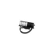 A compact black electric motor with a white label displaying text and certification symbols, such as Capac Start, is attached to a mounting bracket. Two black wires extend from the side. The motor is isolated on a white background.