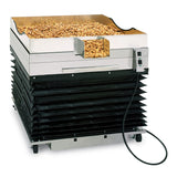 A commercial popcorn warmer with a stainless steel bin filled with popcorn on top, black accordion-style sides, control switches, and wheels for mobility features an adjustable height design, all set against a white background.