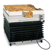 A commercial popcorn warmer with a stainless steel bin filled with popcorn on top, black accordion-style sides, control switches, and wheels for mobility features an adjustable height design, all set against a white background.