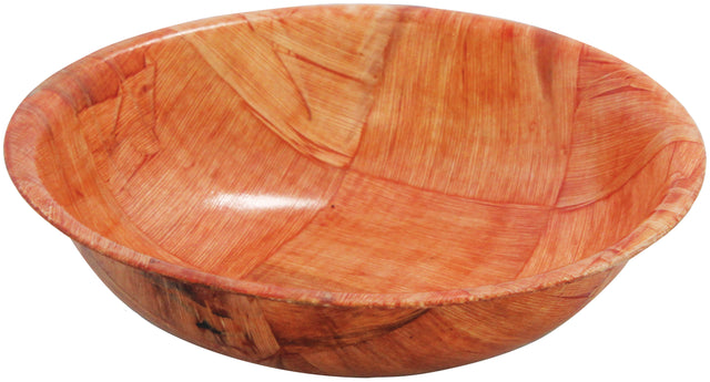 A round, shallow salad bowl with a smooth surface, featuring a swirled pattern in shades of orange and mahogany, giving it a wood-like or marbled appearance. The bowl appears empty and is set against a white background.