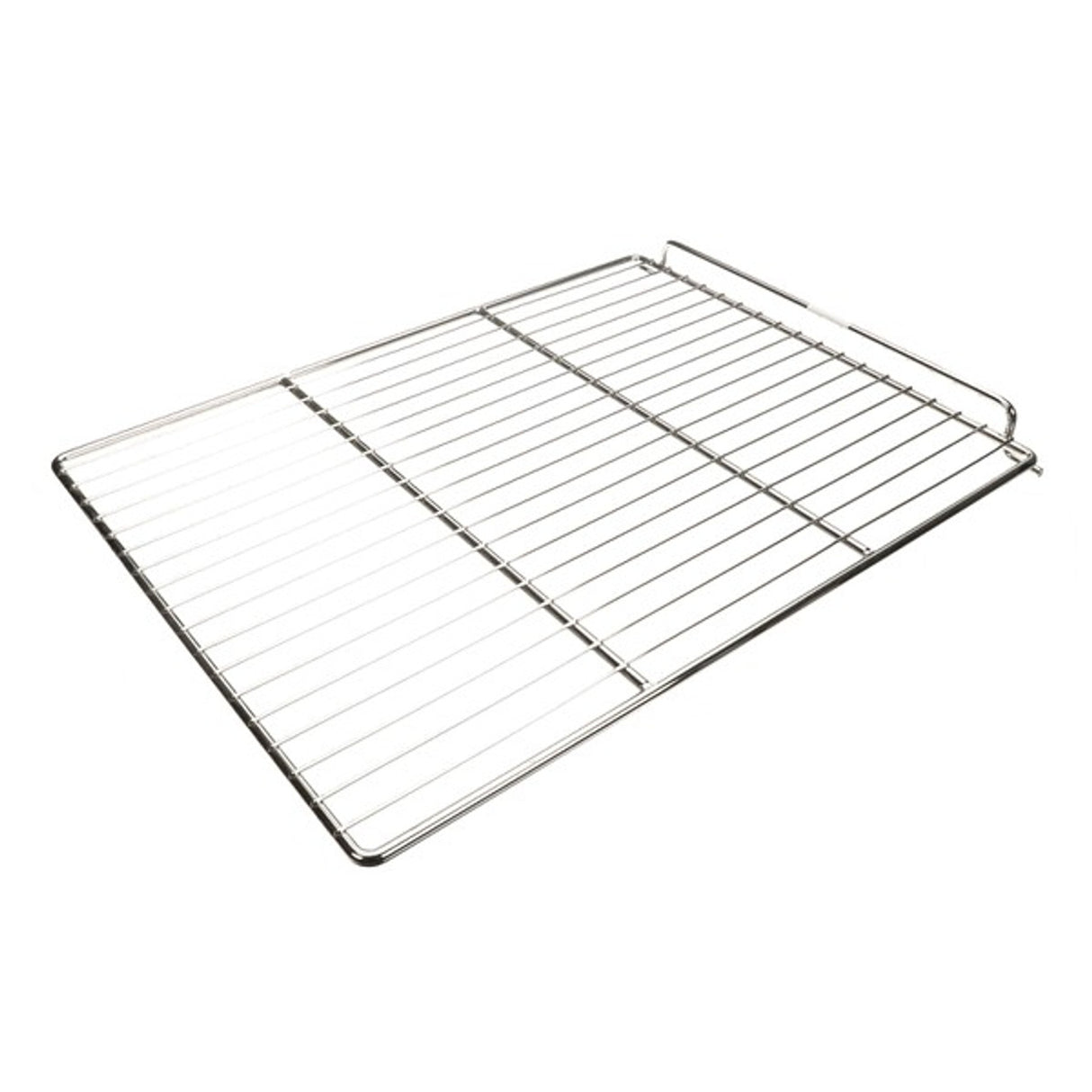 A metal Atosa oven rack with parallel horizontal bars and two vertical reinforcing bars, shown at an angle on a white background. This rectangular, silver extra space-saver oven rack features a small raised edge on one side.