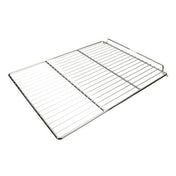 A metal oven rack with evenly spaced horizontal and vertical bars, forming a grid. This Atosa oven rack is rectangular, made of shiny stainless steel, and has a slight upward curve on one end for secure placement in gas ranges.