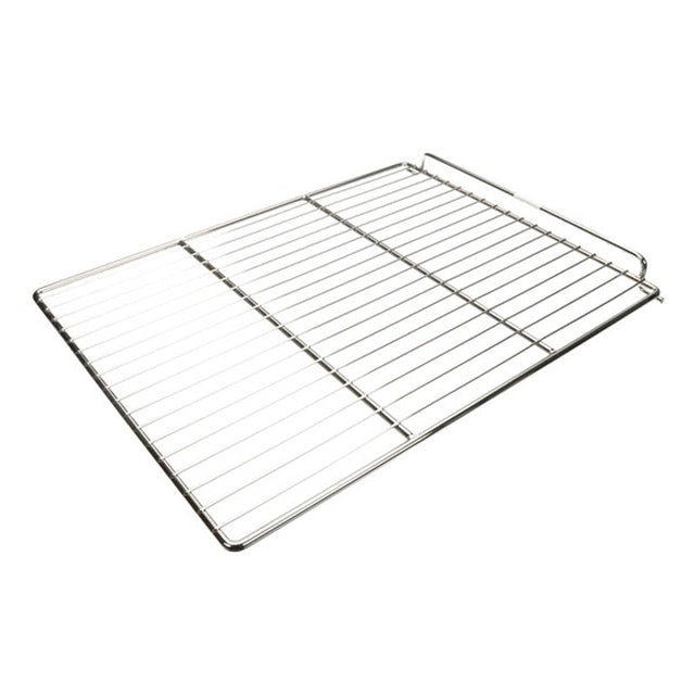 A metal oven rack with evenly spaced horizontal and vertical bars, forming a grid. This Atosa oven rack is rectangular, made of shiny stainless steel, and has a slight upward curve on one end for secure placement in gas ranges.