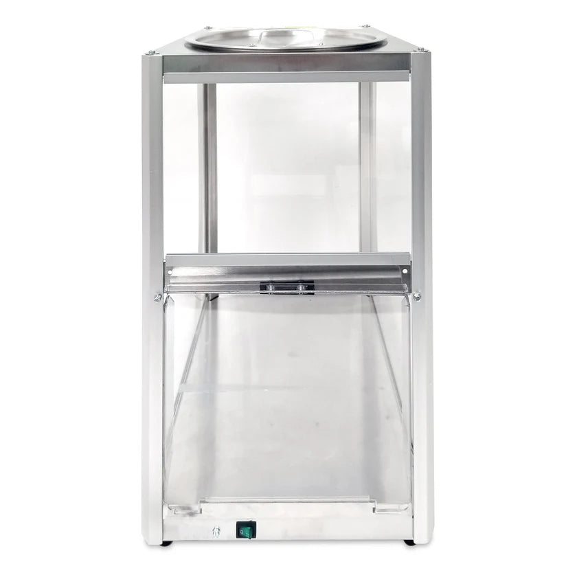 Front view of a Servalot rectangular, silver metal and clear acrylic chip warmer box by Gold Medal Products, featuring a round metal opening on top, sliding door in the middle, green switch at the bottom, and four sturdy legs.