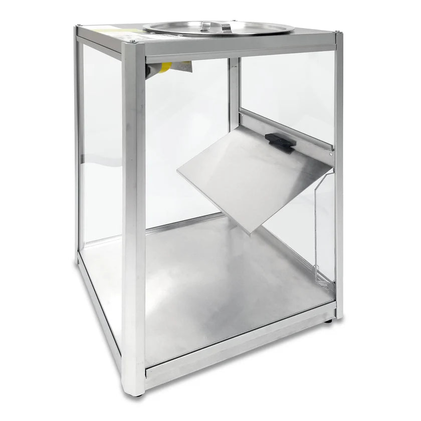 A stainless steel and glass ballot box by Gold Medal Products, featuring a hinged metal door on one side for access and a slot on top for inserting ballots. The sturdy, transparent Servalot design ensures clear visibility of contents inside.