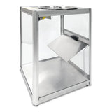 A stainless steel and glass ballot box by Gold Medal Products, featuring a hinged metal door on one side for access and a slot on top for inserting ballots. The sturdy, transparent Servalot design ensures clear visibility of contents inside.