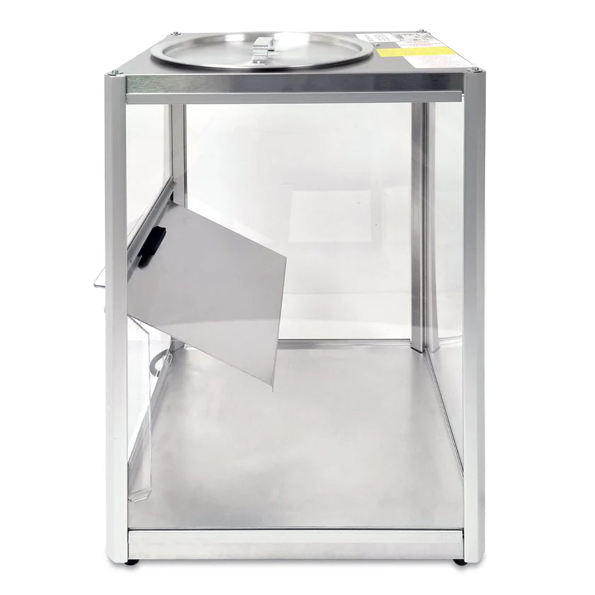 A stainless steel and glass Servalot food display case with a round, lidded opening on top and a hinged serving door at the front. The empty chip warmer by Gold Medal Products stands on four small feet, with a reflective base and clear side panels.