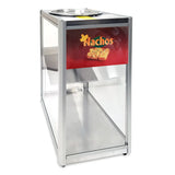A Gold Medal Products Servalot counter-top chip warmer made of metal and glass, with a red "Nachos" sign and image of nachos topped with cheese and jalapeños. The transparent front panel reveals an empty interior.