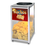 A commercial chip warmer by Gold Medal Products, this Servalot model features a transparent glass case filled with yellow tortilla chips and a red sign displaying "Nachos" in bold yellow letters alongside an image of cheesy, jalapeño-topped nachos.