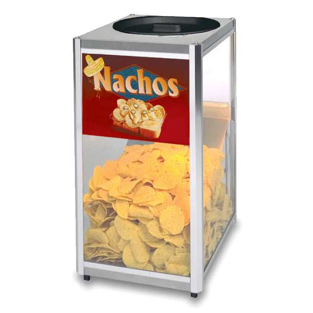 A commercial chip warmer by Gold Medal Products, this Servalot model features a transparent glass case filled with yellow tortilla chips and a red sign displaying "Nachos" in bold yellow letters alongside an image of cheesy, jalapeño-topped nachos.