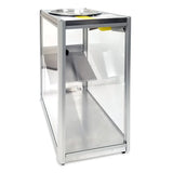 A metal and glass rectangular sneeze guard display case with an open front, slanted metal shelf, and a round opening on top—ideal as a chip warmer—perfect for serving or displaying food items in commercial settings by Gold Medal Products.
