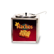 A metal Nacho Cheese Warmer by Gold Medal Products with a ladle, features a red label on the front displaying “Nachos” in yellow text, a sombrero, and nachos covered in cheese sauce. The background is plain white.