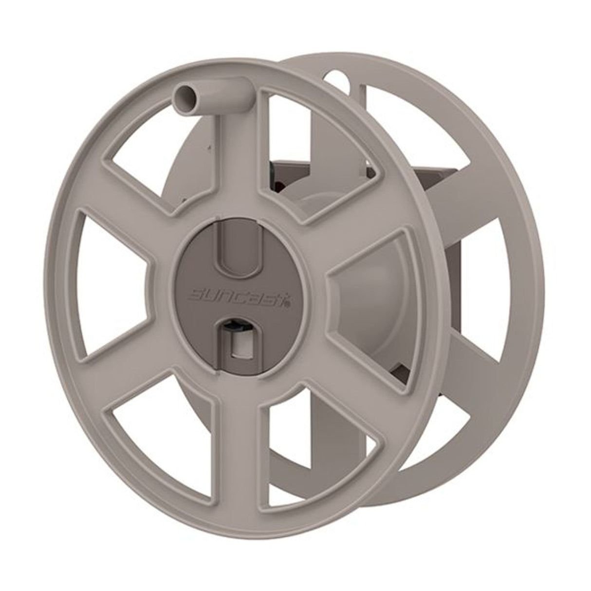 A beige, round plastic garden hose reel with five wide spokes, a central hub labeled Suncast, and a short cylindrical nozzle for connecting up to a 100 ft, 5/8 in garden hose. The wall-mounted reel is shown from a front and slightly angled side view.