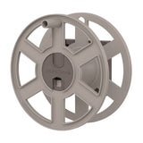 A beige, round plastic garden hose reel with five wide spokes, a central hub labeled Suncast, and a short cylindrical nozzle for connecting up to a 100 ft, 5/8 in garden hose. The wall-mounted reel is shown from a front and slightly angled side view.