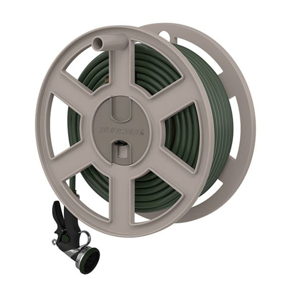 A 100 ft, 5/8 in coiled green garden hose is neatly wound inside a round beige garden hose reel with five wide spokes, mounted on a wall. A black and silver spray nozzle with a green dial hangs below the reel.