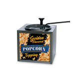 A metal Buttery Topping Dispenser with a pump handle and spout, labeled Golden Flavored Popcorn Topping by Gold Medal Products. The front displays popcorn on a black background with bold yellow and blue text for this popcorn flavor dispenser.