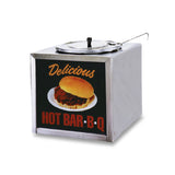 A shiny stainless steel food warmer with lid and ladle. The front shows a barbecue sandwich on a plate, with “Delicious” in orange script above and “HOT BAR-B-Q” below, against black—a perfect Barbecue warmer for any event.