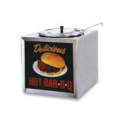 A shiny stainless steel food warmer with lid and ladle. The front shows a barbecue sandwich on a plate, with “Delicious” in orange script above and “HOT BAR-B-Q” below, against black—a perfect Barbecue warmer for any event.