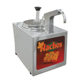 A stainless steel Nacho Cheese Warmer with a heated pump handle and spout. The front panel, by Gold Medal Products, features nachos with cheese and a sombrero above "Nachos" in bold orange and green on a red background.