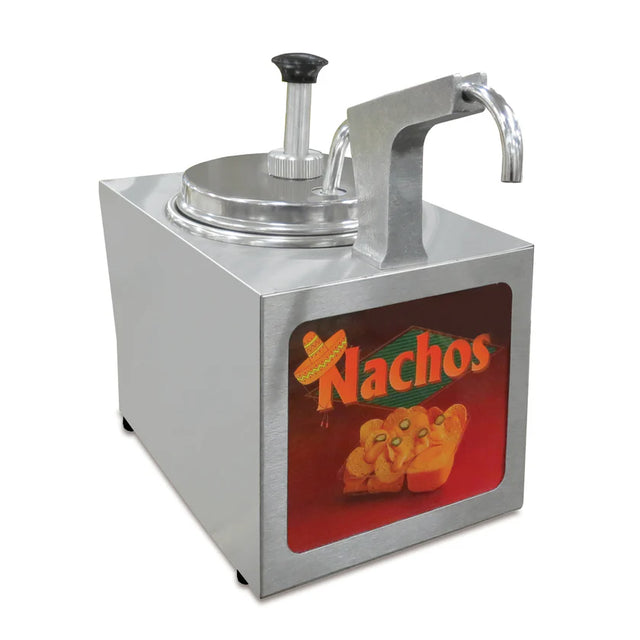 A stainless steel Nacho Cheese Warmer with a heated pump handle and spout. The front panel, by Gold Medal Products, features nachos with cheese and a sombrero above "Nachos" in bold orange and green on a red background.
