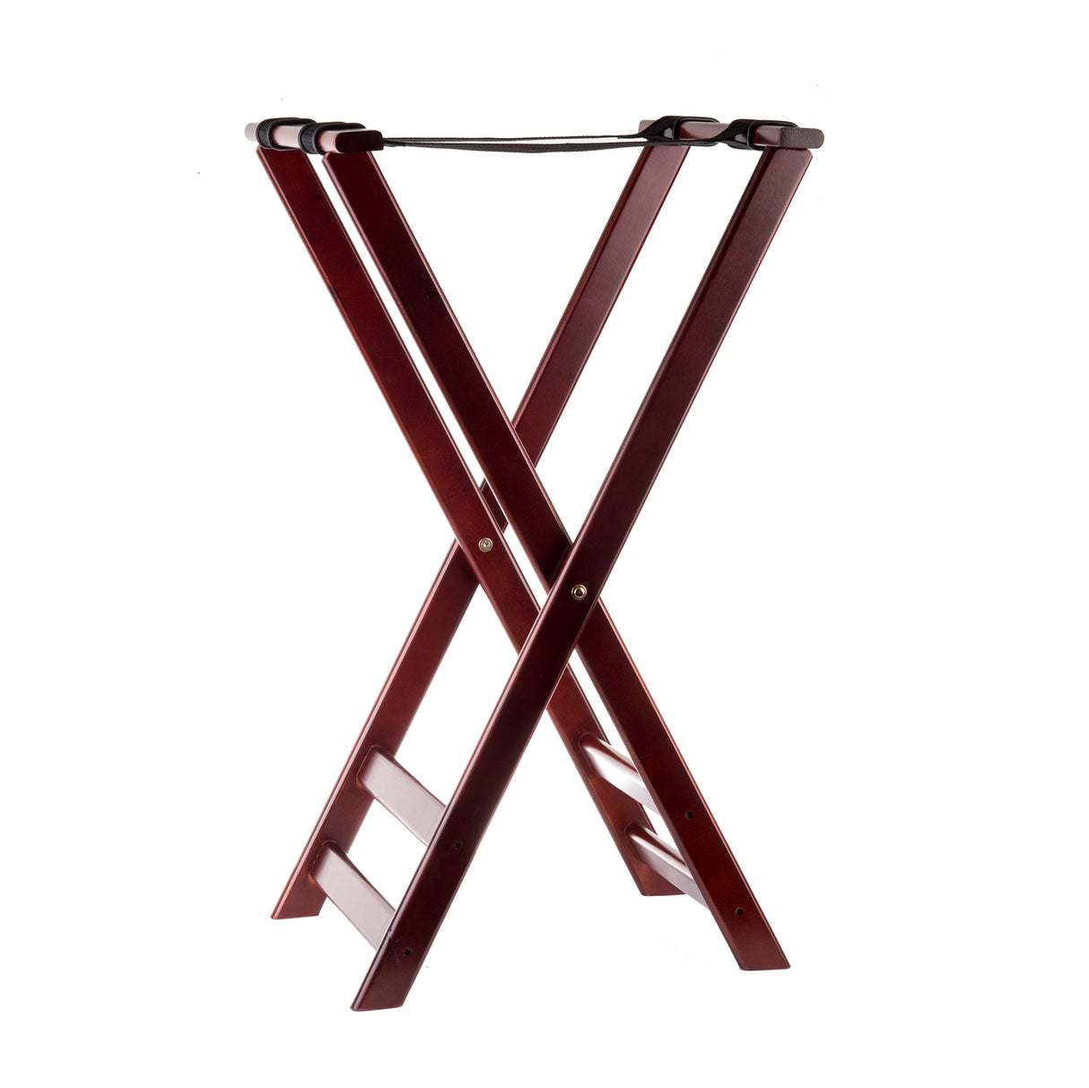 A dark wood folding luggage rack with a mahogany finish features two X-shaped legs and two black nylon, slip-proof support straps across the top for holding suitcases. The background is plain white.