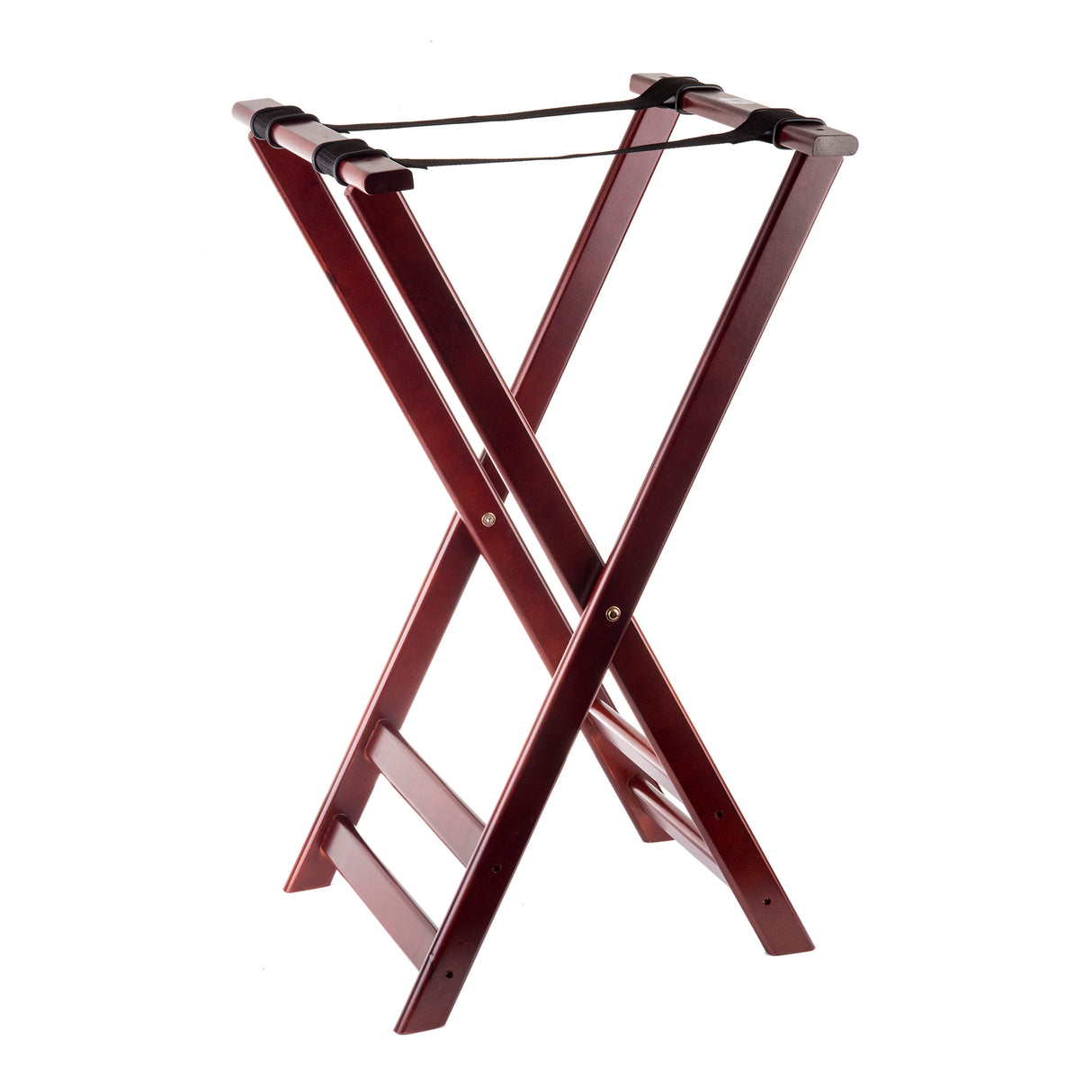 A wooden luggage rack with a rich mahogany finish, featuring two crossed legs and three slip-proof black fabric straps on top for supporting luggage. The rack stands upright on a white background, resembling a classic tray stand.