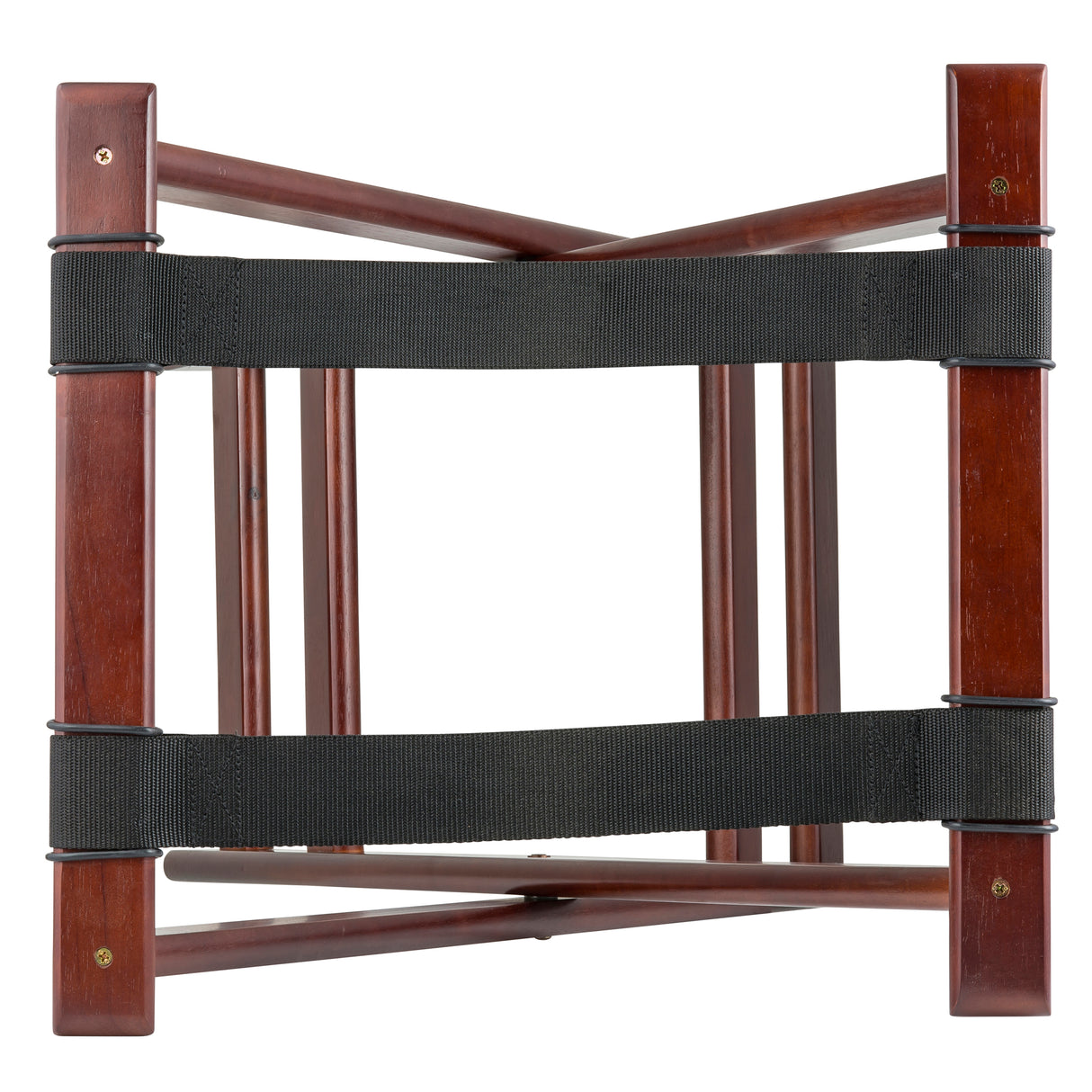 Top-down view of a folding wooden luggage rack with four rectangular legs and two wide black fabric straps, featuring a rich mahogany finish. This tray stand is designed to support suitcases securely.