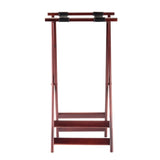 A wooden sword stand with a rich mahogany finish, featuring two horizontal bars supported by vertical legs. The top bar has black, slip-proof holders for securing swords. Its simple, elegant design is photographed against a white background.