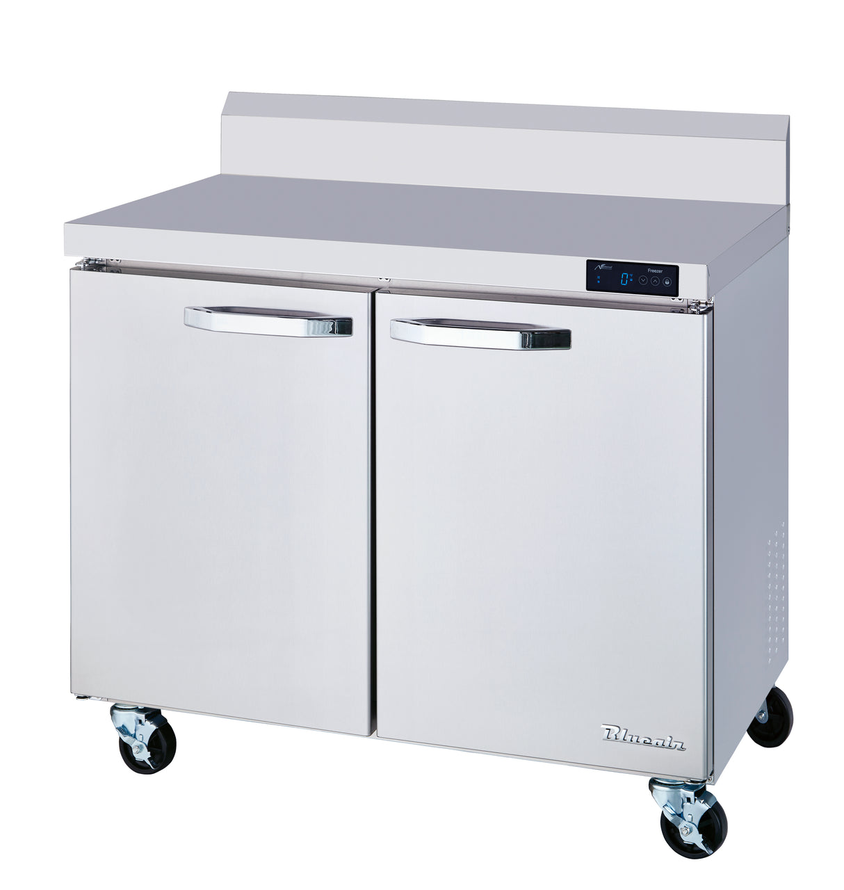 A commercial stainless steel two-section freezer with undercounter design, horizontal handles, digital control panel, backsplash, and four caster wheels. Its reflective work top freezer surface is ideal for any professional kitchen environment.